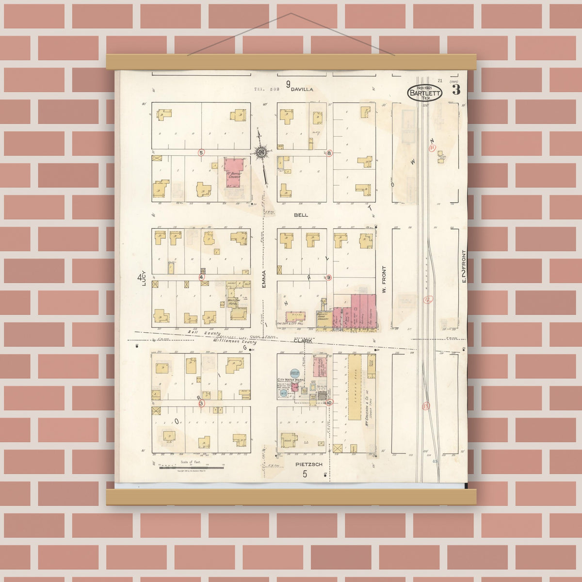 Old map wall art mockup — magnetic wood frame on brick wall — Sanborn Fire Insurance Map from Bartlett, Bell and Williamson Counties, Texas (1940), Sheet #0003