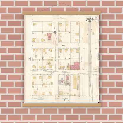 Old map wall art mockup — magnetic wood frame on brick wall — Sanborn Fire Insurance Map from Bartlett, Bell and Williamson Counties, Texas (1940), Sheet #0003