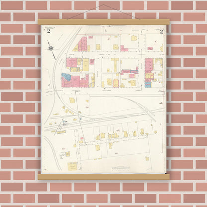 Old map wall art mockup — magnetic wood frame on brick wall — Sanborn Fire Insurance Map from Richlands, Tazewell County, Virginia (1936), Sheet #0002
