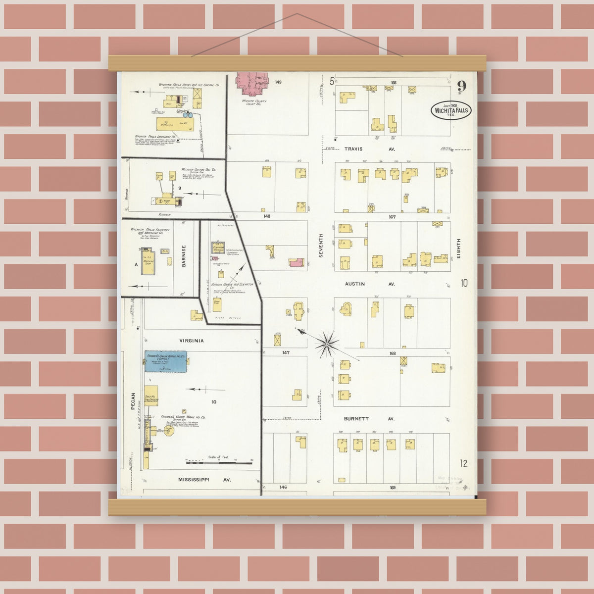 Old map wall art mockup — magnetic wood frame on brick wall — Sanborn Fire Insurance Map from Wichita Falls, Wichita County, Texas (1908), Sheet #0009