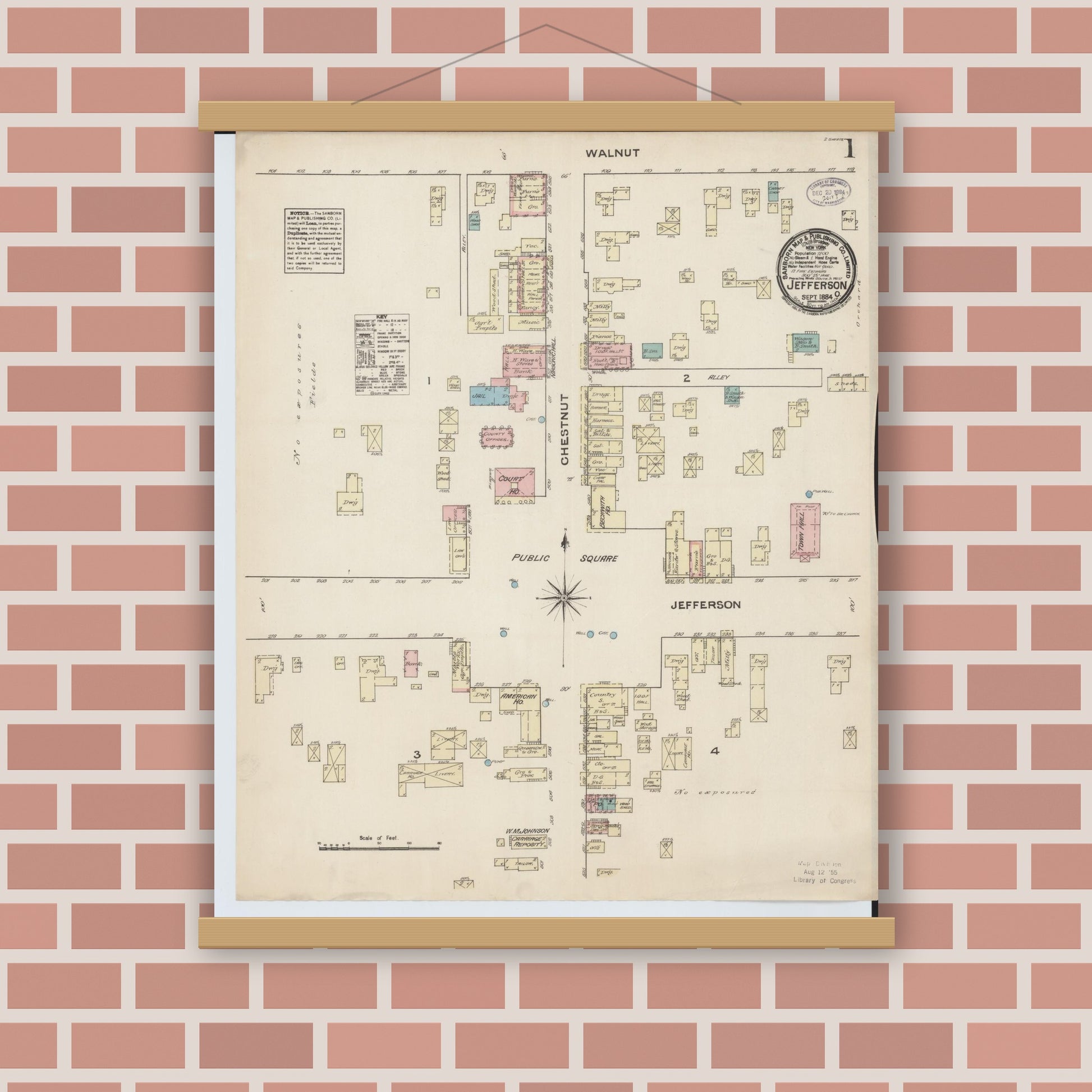 Old map wall art mockup — magnetic wood frame on brick wall — Sanborn Fire Insurance Map from Jefferson, Ashtabula County, Ohio (1884), Sheet #0001