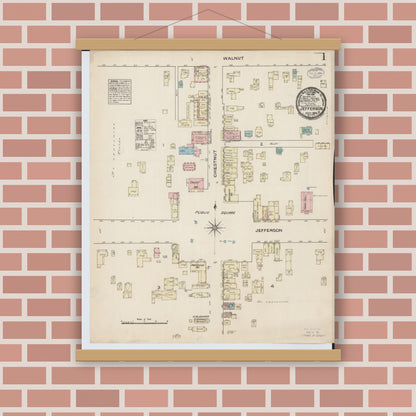 Old map wall art mockup — magnetic wood frame on brick wall — Sanborn Fire Insurance Map from Jefferson, Ashtabula County, Ohio (1884), Sheet #0001