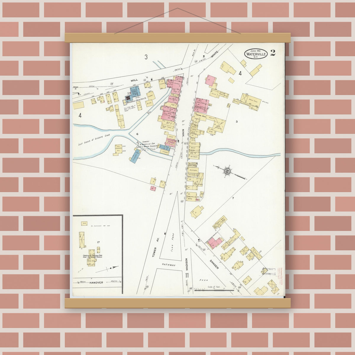 Old map wall art mockup — magnetic wood frame on brick wall — Sanborn Fire Insurance Map from Waterville, Oneida County, New York (1912), Sheet #0002