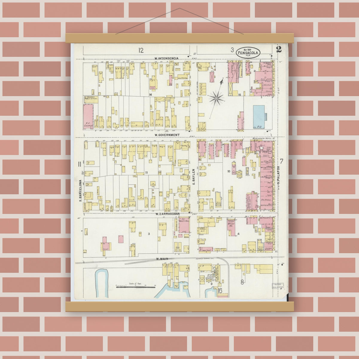 Old map wall art mockup — magnetic wood frame on brick wall — Sanborn Fire Insurance Map from Pensacola, Escambia County, Florida (1897), Sheet #0002