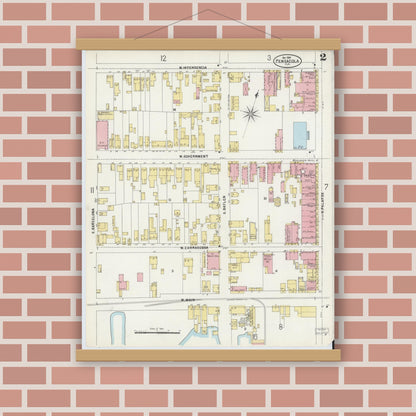 Old map wall art mockup — magnetic wood frame on brick wall — Sanborn Fire Insurance Map from Pensacola, Escambia County, Florida (1897), Sheet #0002