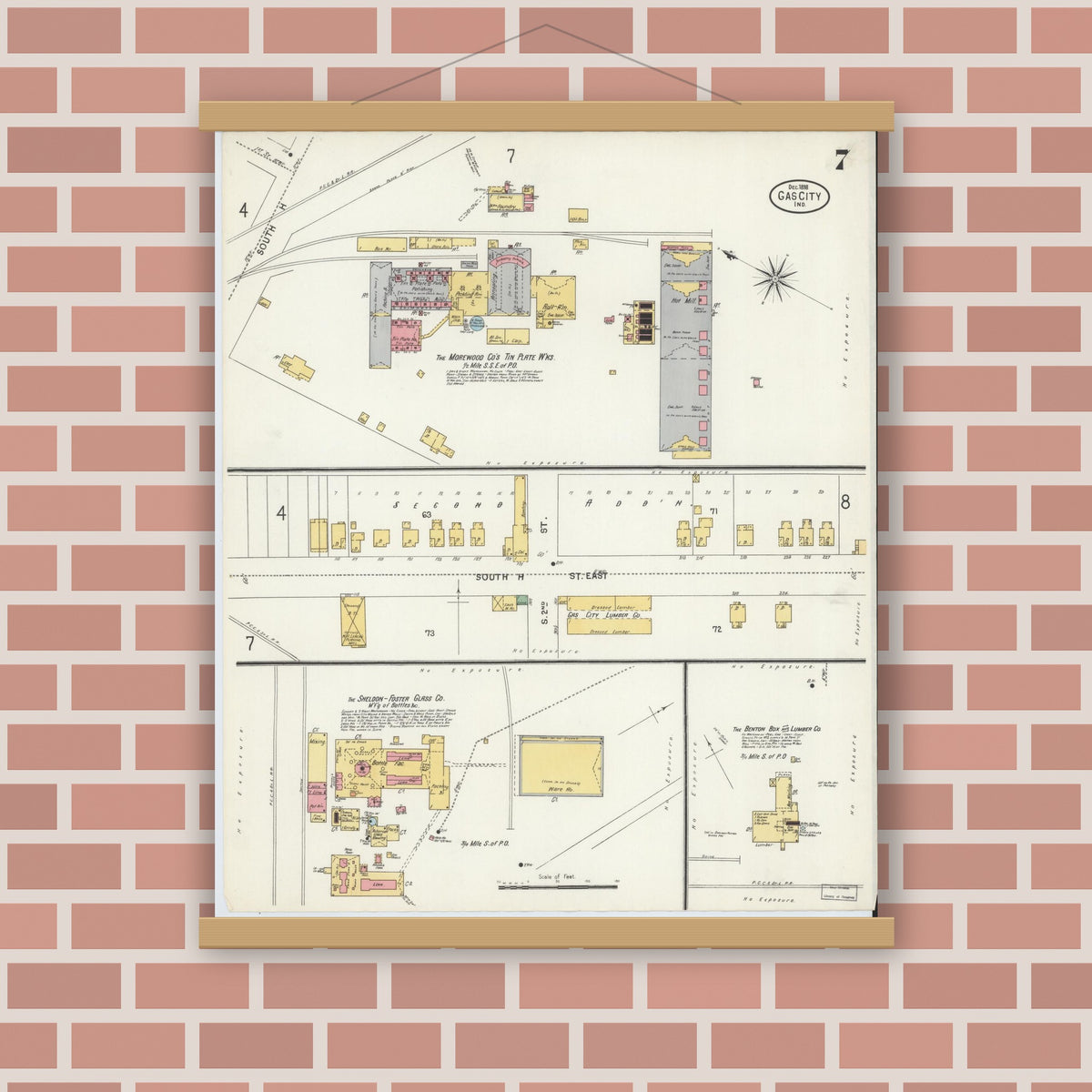 Old map wall art mockup — magnetic wood frame on brick wall — Sanborn Fire Insurance Map from Gas City, Grant County, Indiana (1898), Sheet #0007