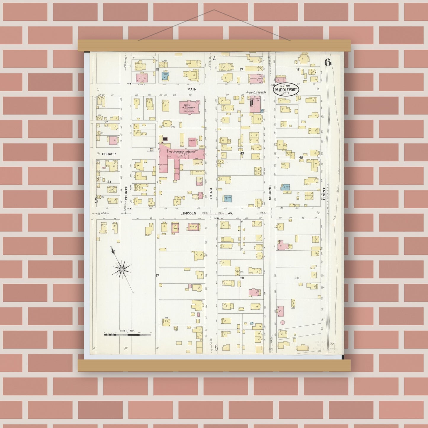 Old map wall art mockup — magnetic wood frame on brick wall — Sanborn Fire Insurance Map from Middleport, Meigs County, Ohio (1908), Sheet #0006