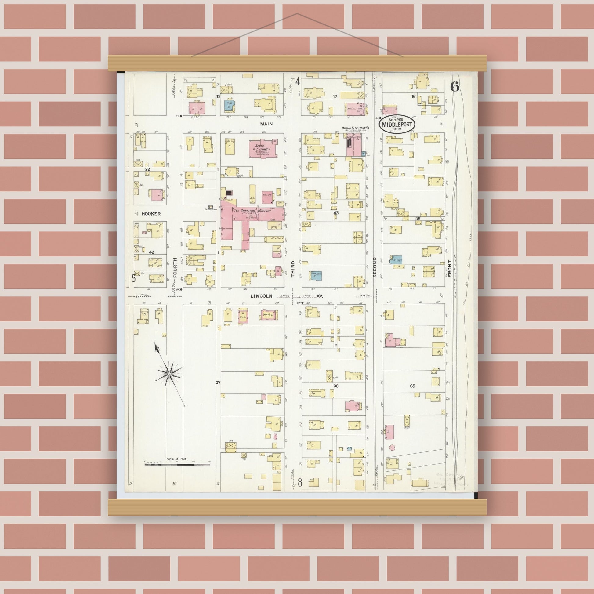 Old map wall art mockup — magnetic wood frame on brick wall — Sanborn Fire Insurance Map from Middleport, Meigs County, Ohio (1908), Sheet #0006