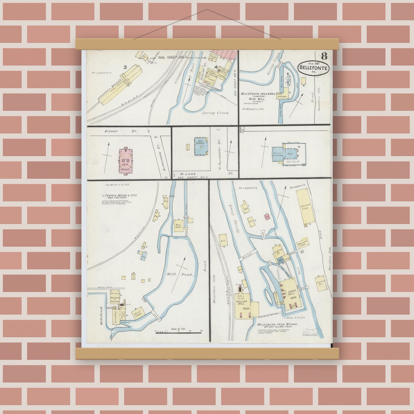 Old map wall art mockup — magnetic wood frame on brick wall — Sanborn Fire Insurance Map from Bellefonte, Centre County, Pennsylvania (1887), Sheet #0008