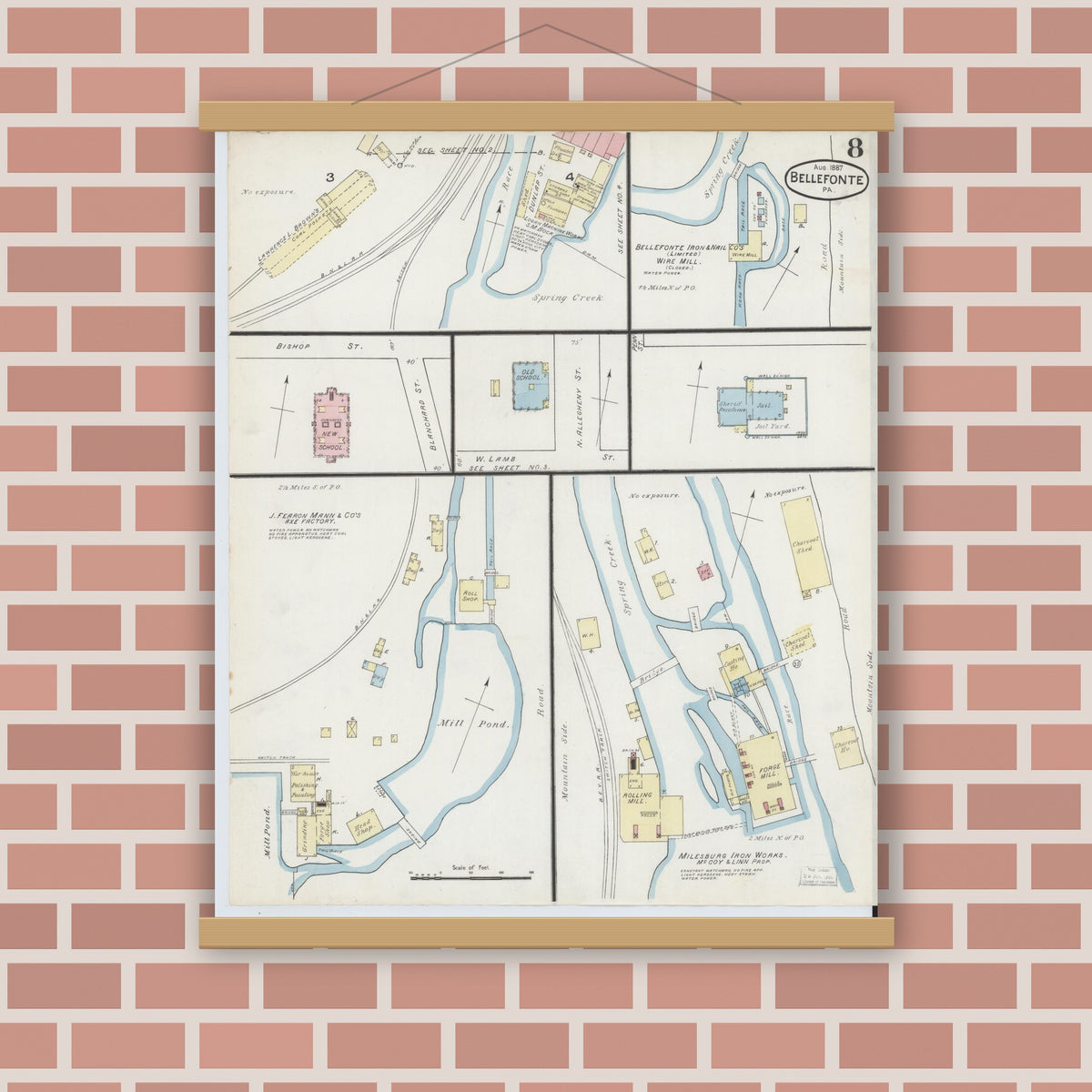 Old map wall art mockup — magnetic wood frame on brick wall — Sanborn Fire Insurance Map from Bellefonte, Centre County, Pennsylvania (1887), Sheet #0008