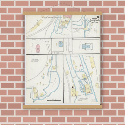 Old map wall art mockup — magnetic wood frame on brick wall — Sanborn Fire Insurance Map from Bellefonte, Centre County, Pennsylvania (1887), Sheet #0008