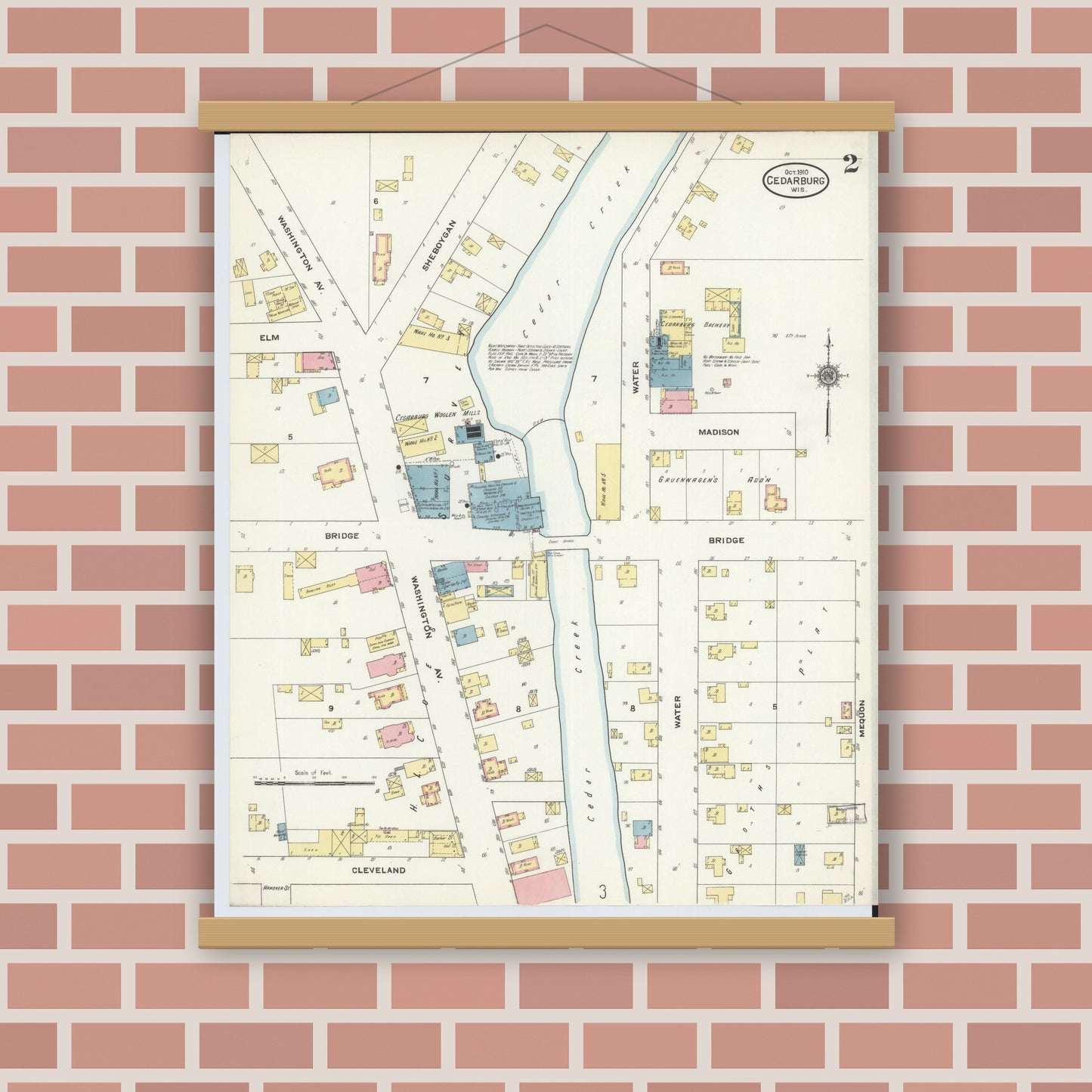 Old map wall art mockup — magnetic wood frame on brick wall — Sanborn Fire Insurance Map from Cedarburg, Ozaukee County, Wisconsin (1910), Sheet #0002