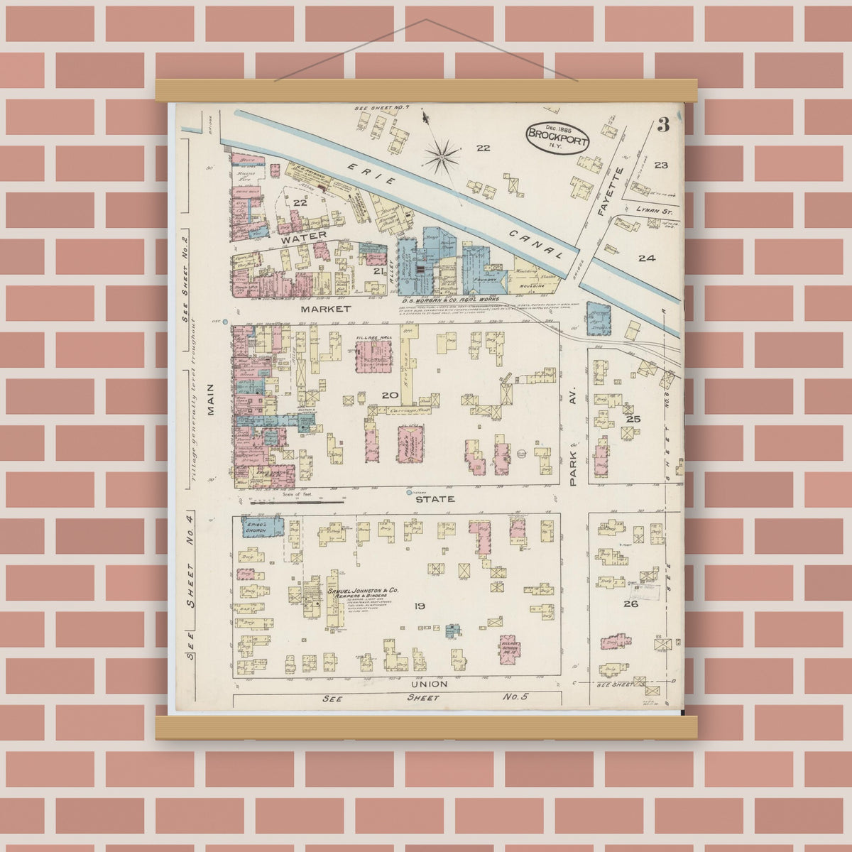 Old map wall art mockup — magnetic wood frame on brick wall — Sanborn Fire Insurance Map from Brockport, Monroe County, New York (1885), Sheet #0003