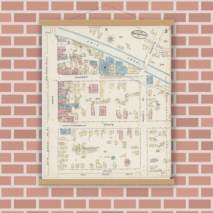 Old map wall art mockup — magnetic wood frame on brick wall — Sanborn Fire Insurance Map from Brockport, Monroe County, New York (1885), Sheet #0003