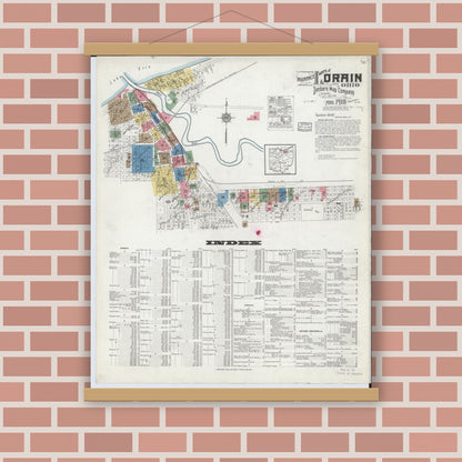 Old map wall art mockup — magnetic wood frame on brick wall — Sanborn Fire Insurance Map from Lorain, Lorain County, Ohio (1918), Sheet #0001