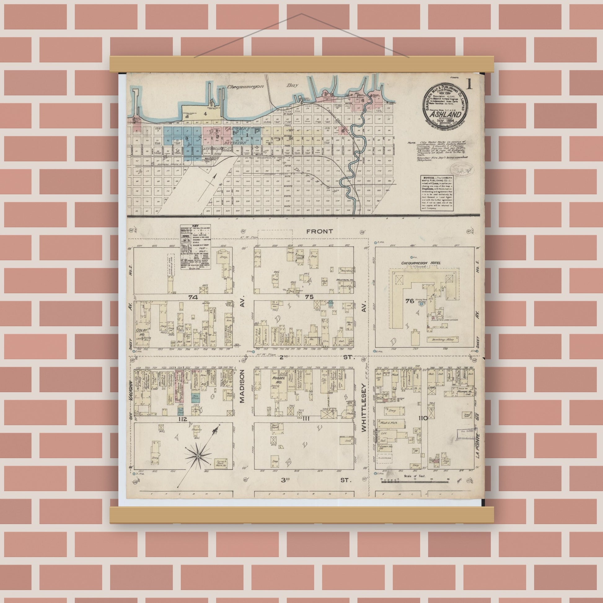Old map wall art mockup — magnetic wood frame on brick wall — Sanborn Fire Insurance Map from Ashland, Ashland County, Wisconsin (1884) - Complete Map Set