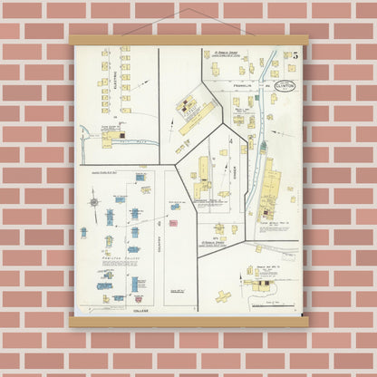 Old map wall art mockup — magnetic wood frame on brick wall — Sanborn Fire Insurance Map from Clinton, Oneida County, New York (1910), Sheet #0005