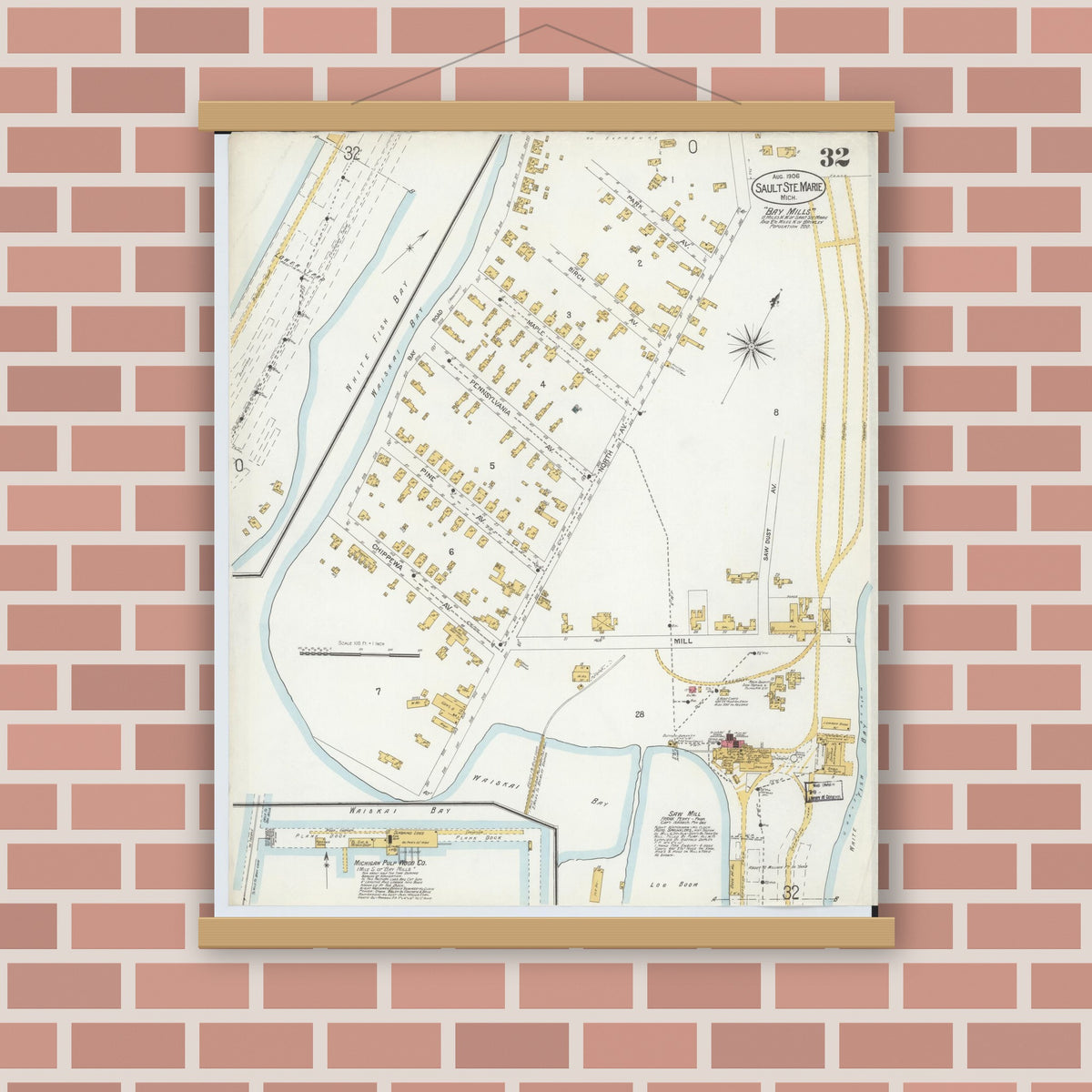 Old map wall art mockup — magnetic wood frame on brick wall — Sanborn Fire Insurance Map from Sault Sainte Marie, Chippewa County, Michigan (1906), Sheet #0032