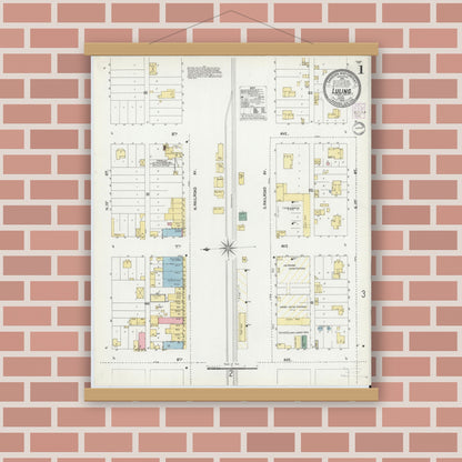 Old map wall art mockup — magnetic wood frame on brick wall — Sanborn Fire Insurance Map from Luling, Caldwell County, Texas (1902), Sheet #0001