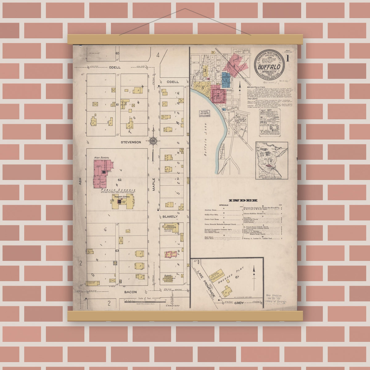 Old map wall art mockup — magnetic wood frame on brick wall — Sanborn Fire Insurance Map from Buffalo, Wright County, Minnesota (1922) - Complete Map Set