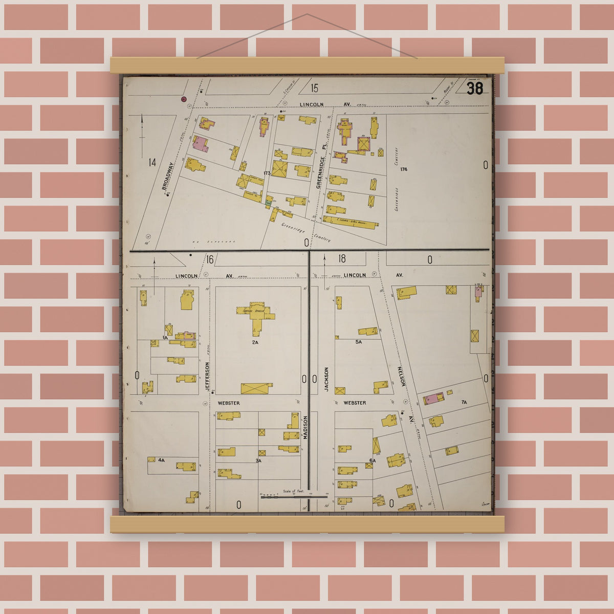 Old map wall art mockup — magnetic wood frame on brick wall — Sanborn Fire Insurance Map from Saratoga, Saratoga County, New York (1900), Sheet #0038