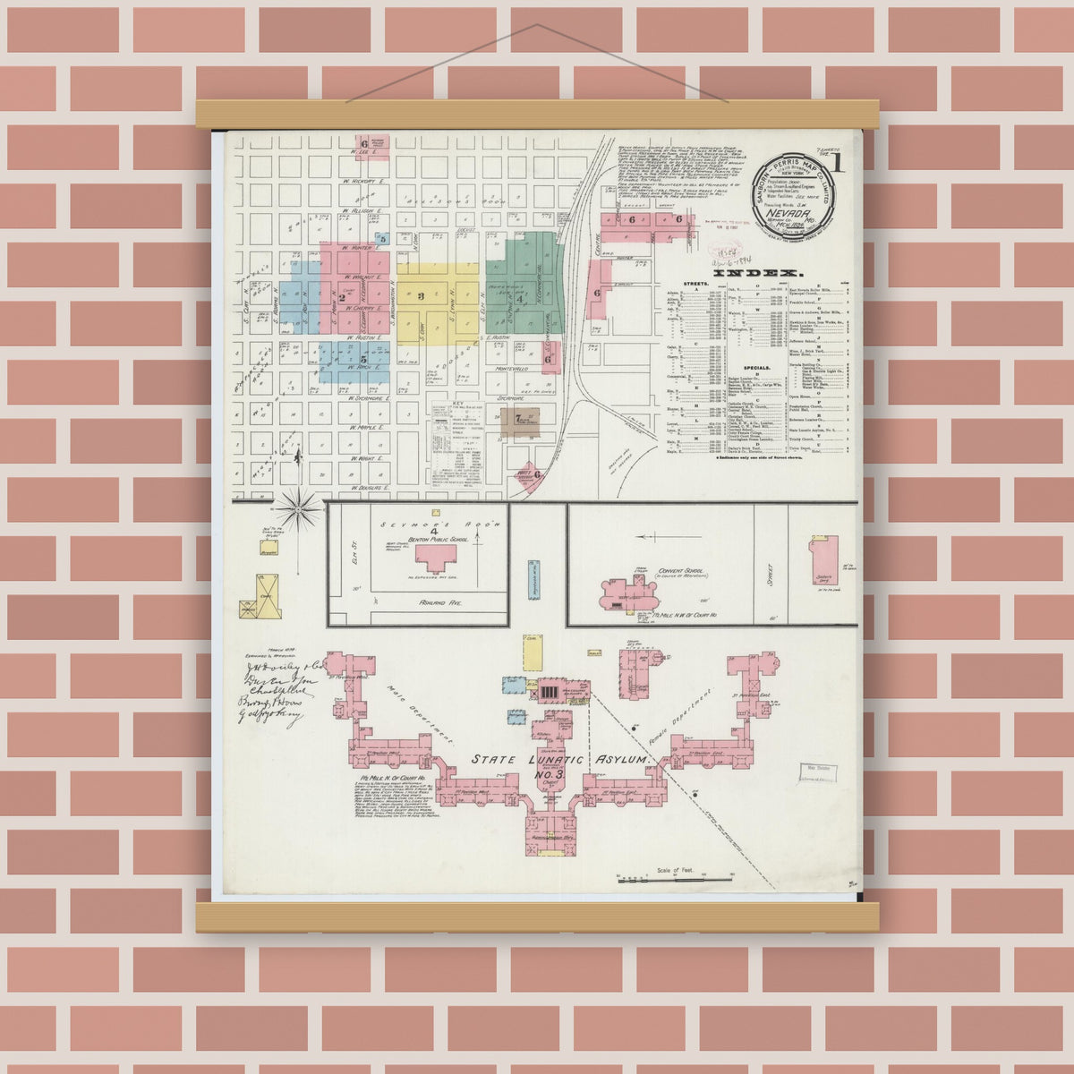 Old map wall art mockup — magnetic wood frame on brick wall — Sanborn Fire Insurance Map from Nevada, Vernon County, Missouri (1894) - Complete Map Set