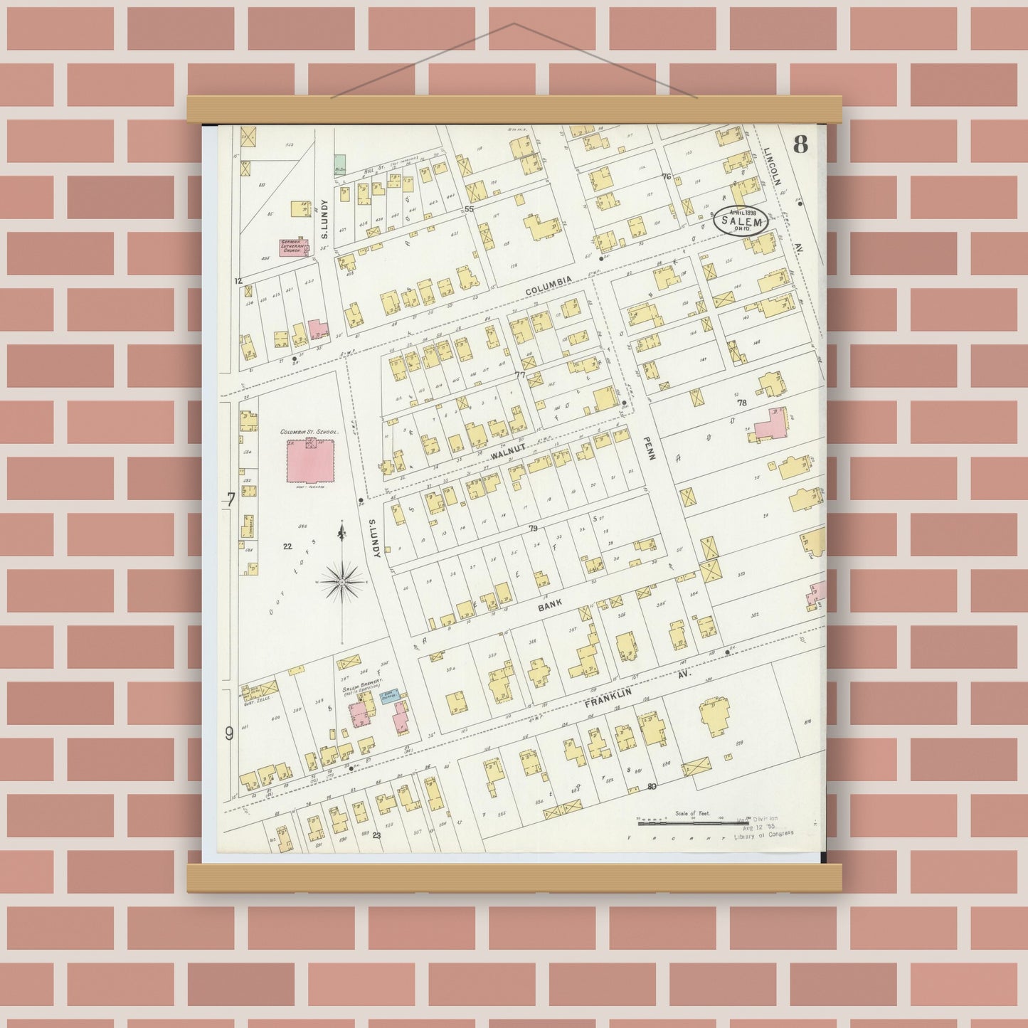Old map wall art mockup — magnetic wood frame on brick wall — Sanborn Fire Insurance Map from Salem, Columbiana County, Ohio (1898), Sheet #0008