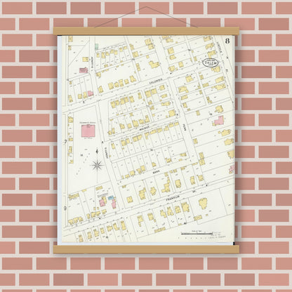 Old map wall art mockup — magnetic wood frame on brick wall — Sanborn Fire Insurance Map from Salem, Columbiana County, Ohio (1898), Sheet #0008