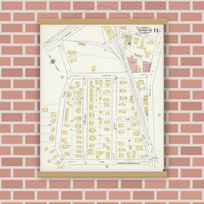 Old map wall art mockup — magnetic wood frame on brick wall — Sanborn Fire Insurance Map from Framingham, Middlesex County, Massachusetts (1915), Sheet #0011