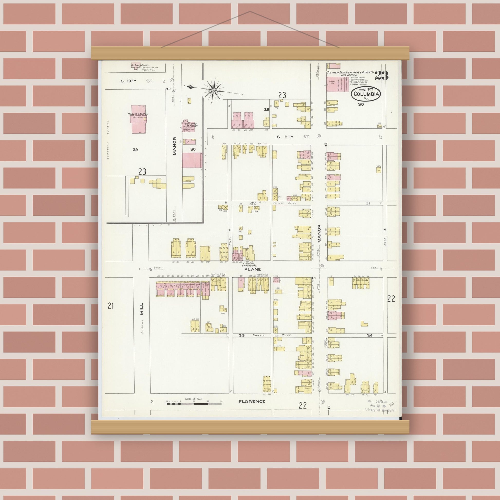 Old map wall art mockup — magnetic wood frame on brick wall — Sanborn Fire Insurance Map from Columbia, Lancaster County, Pennsylvania (1909), Sheet #0023