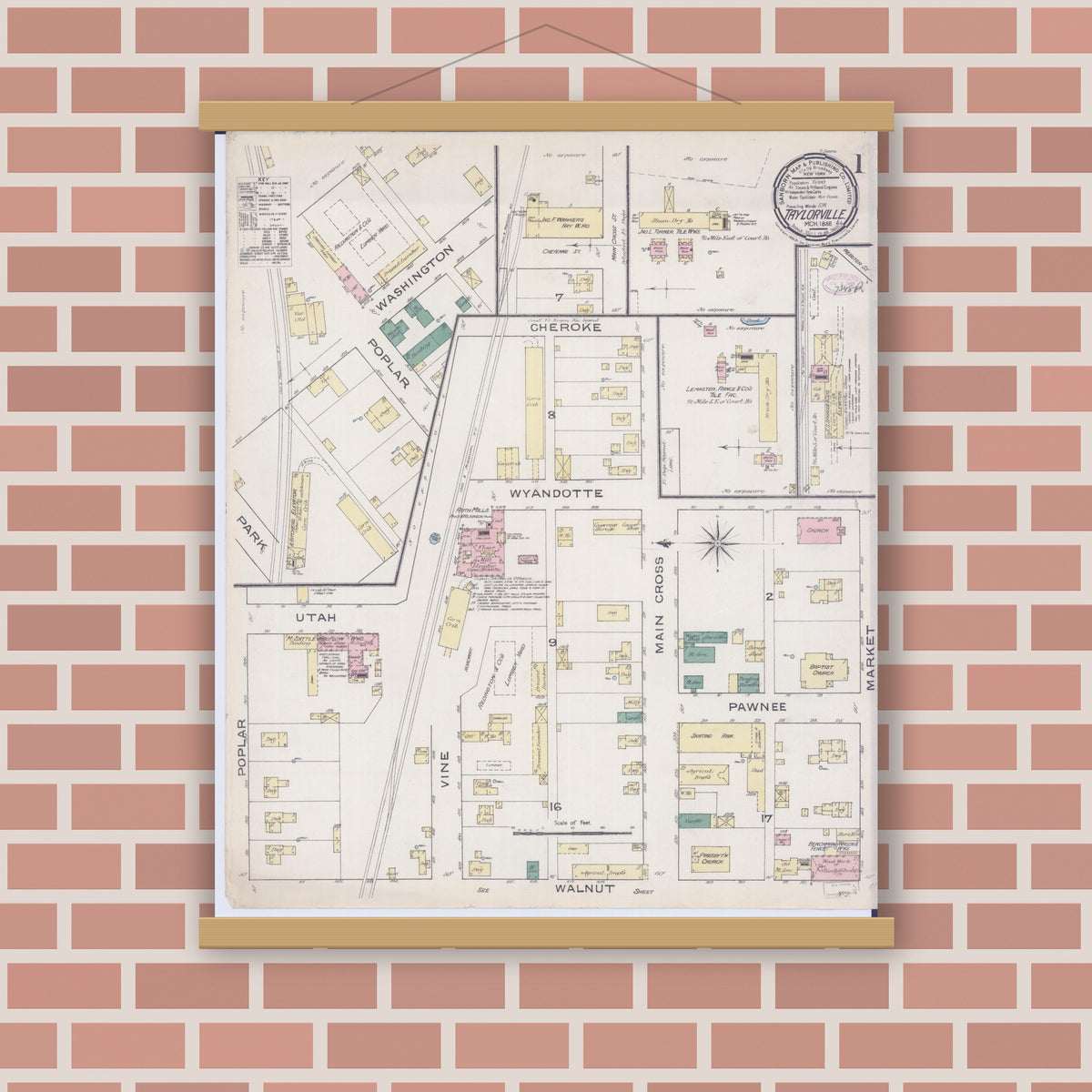 Old map wall art mockup — magnetic wood frame on brick wall — Sanborn Fire Insurance Map from Taylorville, Christian County, Illinois (1886) - Complete Map Set