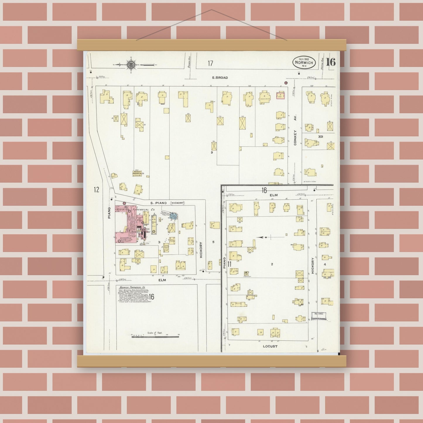 Old map wall art mockup — magnetic wood frame on brick wall — Sanborn Fire Insurance Map from Norwich, Chenango County, New York (1910), Sheet #0016
