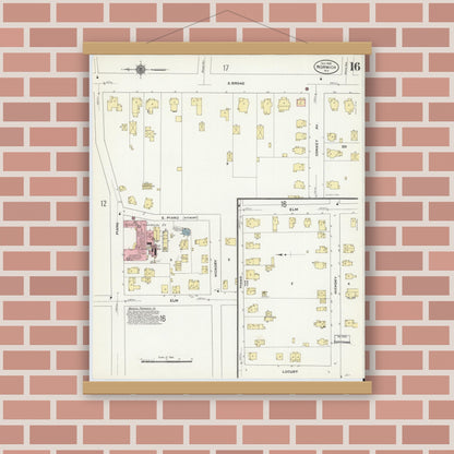 Old map wall art mockup — magnetic wood frame on brick wall — Sanborn Fire Insurance Map from Norwich, Chenango County, New York (1910), Sheet #0016