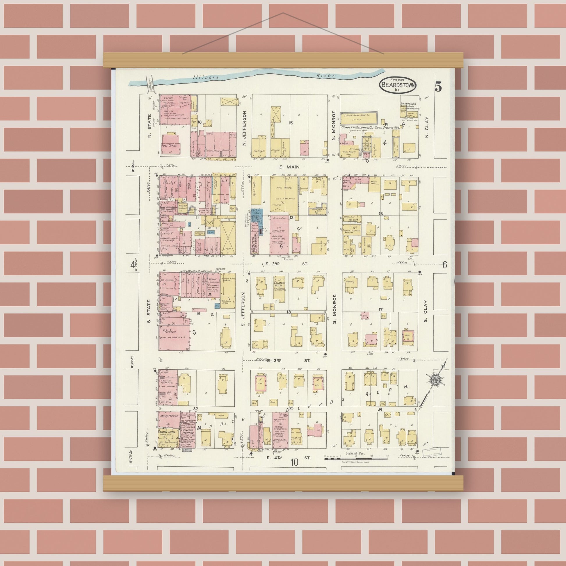 Old map wall art mockup — magnetic wood frame on brick wall — Sanborn Fire Insurance Map from Beardstown, Cass County, Illinois (1919), Sheet #0005