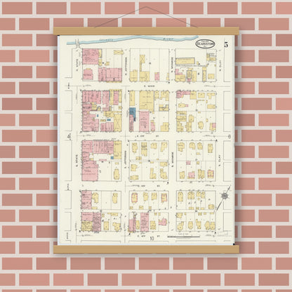 Old map wall art mockup — magnetic wood frame on brick wall — Sanborn Fire Insurance Map from Beardstown, Cass County, Illinois (1919), Sheet #0005