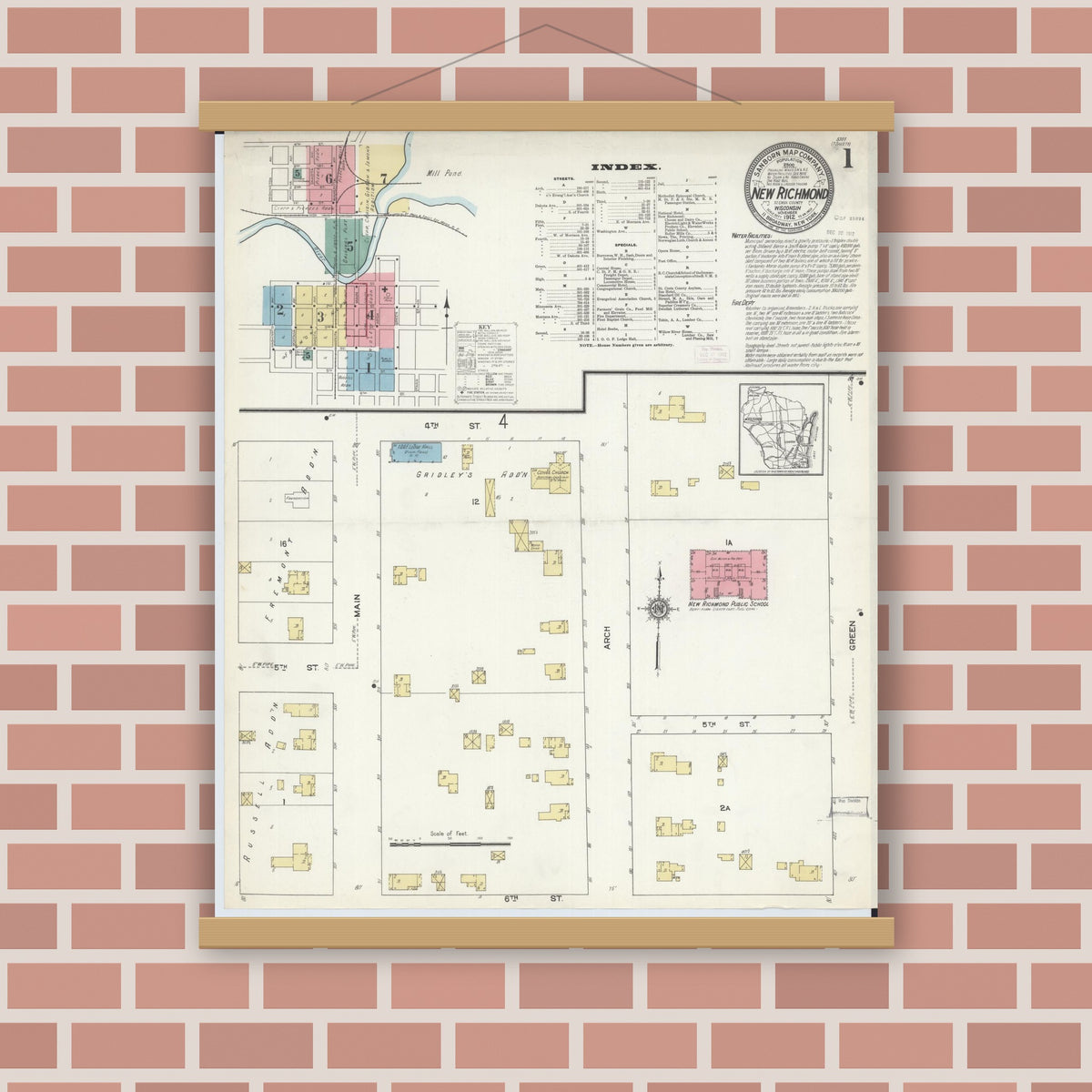 Old map wall art mockup — magnetic wood frame on brick wall — Sanborn Fire Insurance Map from New Richmond, St. Croix County, Wisconsin (1912) - Complete Map Set