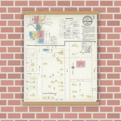 Old map wall art mockup — magnetic wood frame on brick wall — Sanborn Fire Insurance Map from New Richmond, St. Croix County, Wisconsin (1912) - Complete Map Set