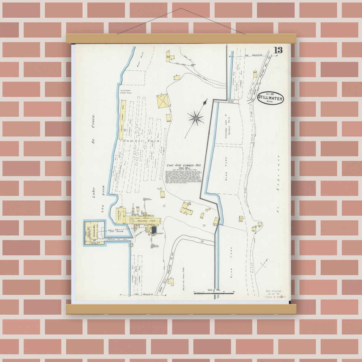 Old map wall art mockup — magnetic wood frame on brick wall — Sanborn Fire Insurance Map from Stillwater, Washington County, Minnesota (1891), Sheet #0013