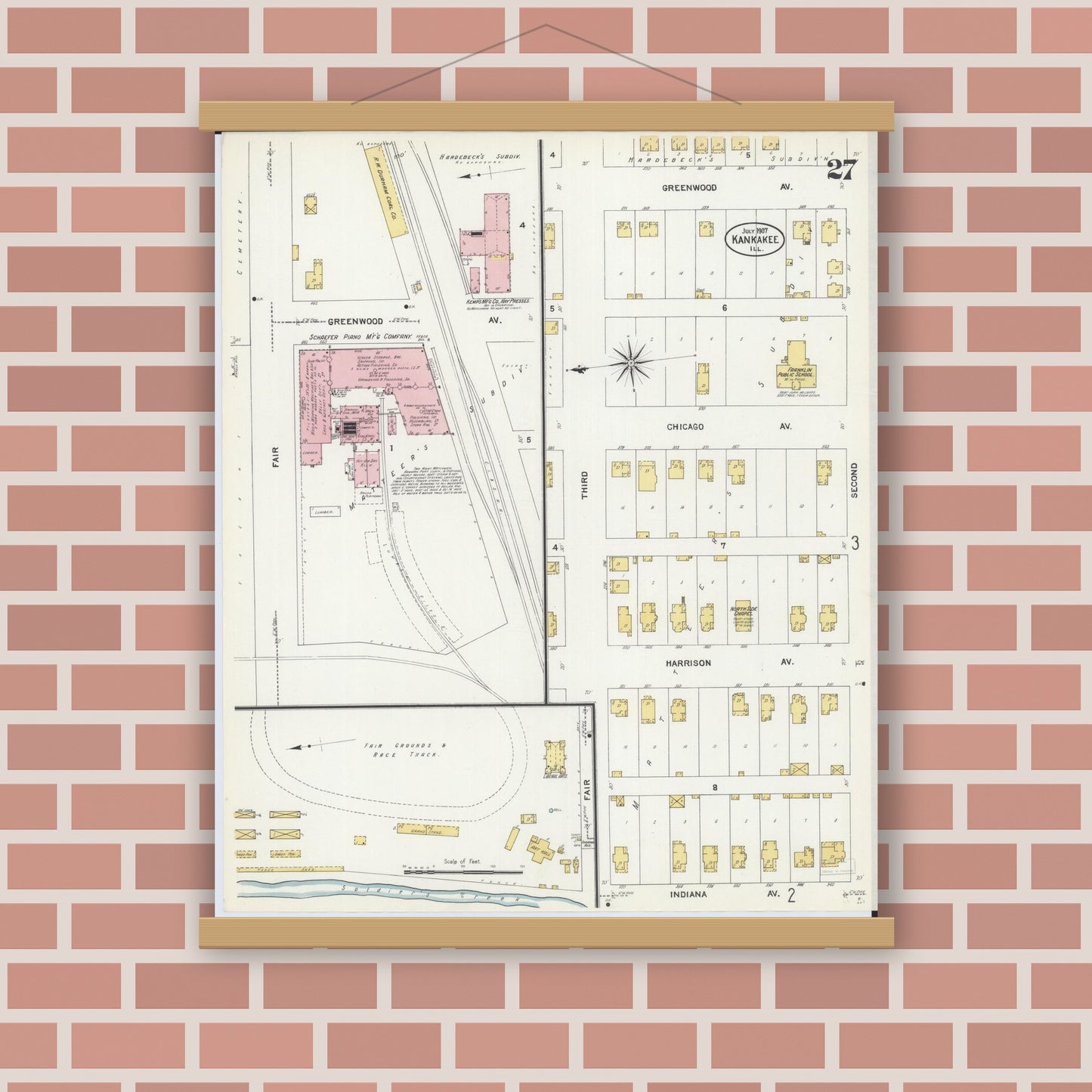 Old map wall art mockup — magnetic wood frame on brick wall — Sanborn Fire Insurance Map from Kankakee, Kankakee County, Illinois (1907), Sheet #0027