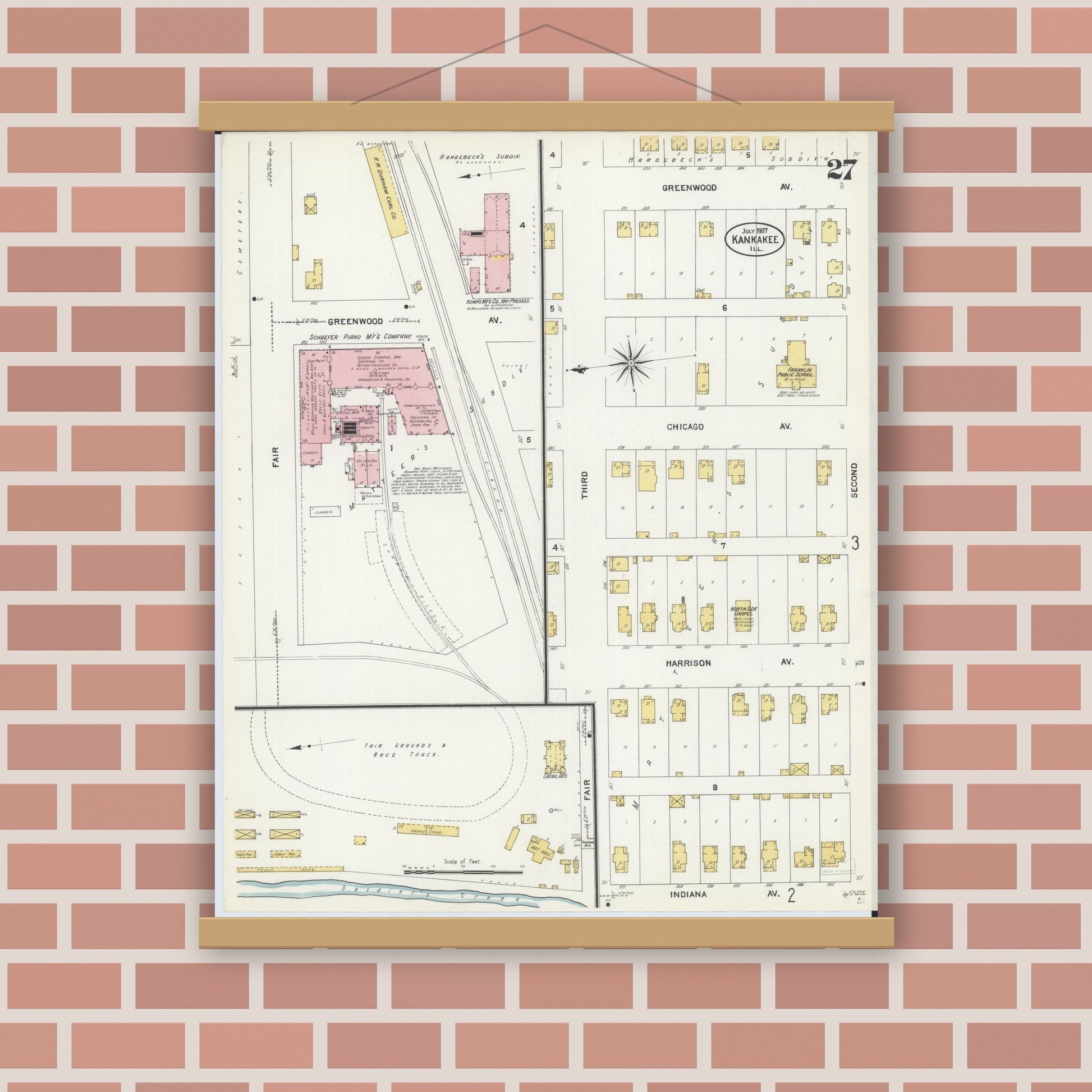 Old map wall art mockup — magnetic wood frame on brick wall — Sanborn Fire Insurance Map from Kankakee, Kankakee County, Illinois (1907), Sheet #0027
