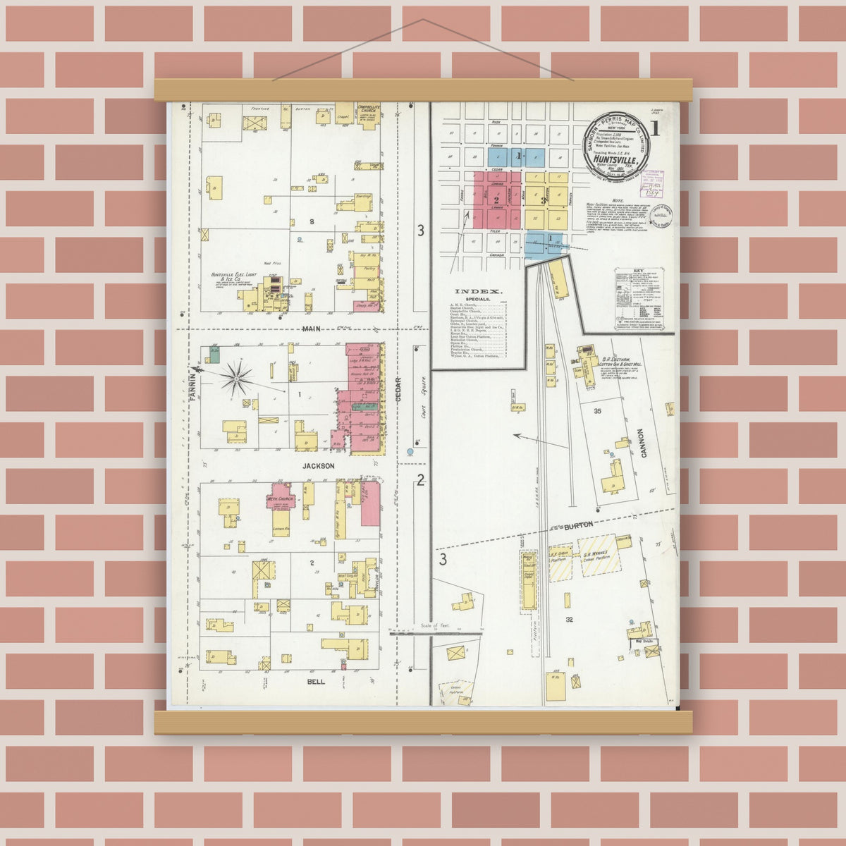 Old map wall art mockup — magnetic wood frame on brick wall — Sanborn Fire Insurance Map from Huntsville, Walker County, Texas (1901) - Complete Map Set