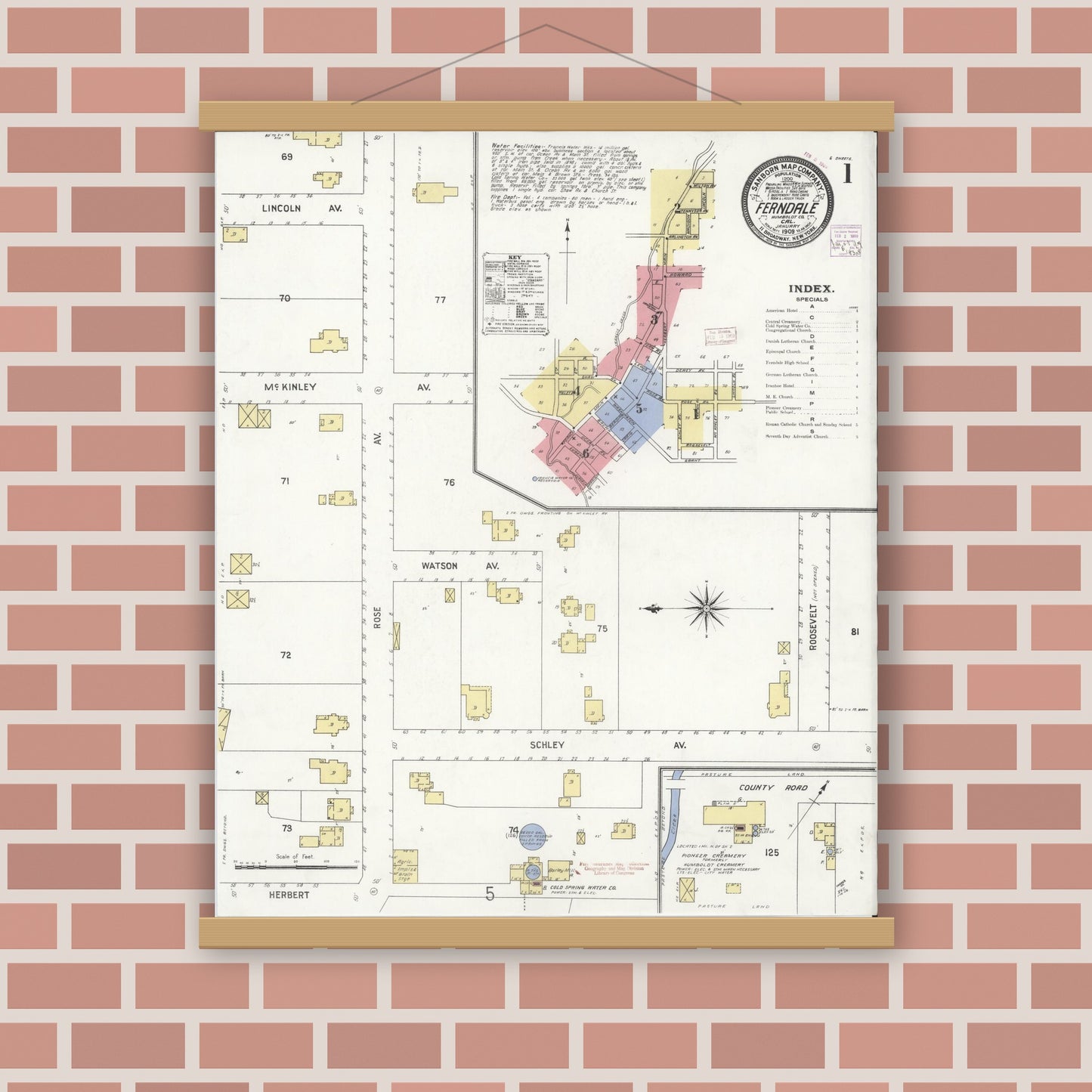 Old map wall art mockup — magnetic wood frame on brick wall — Sanborn Fire Insurance Map from Ferndale, Humboldt County, California (1909) - Complete Map Set