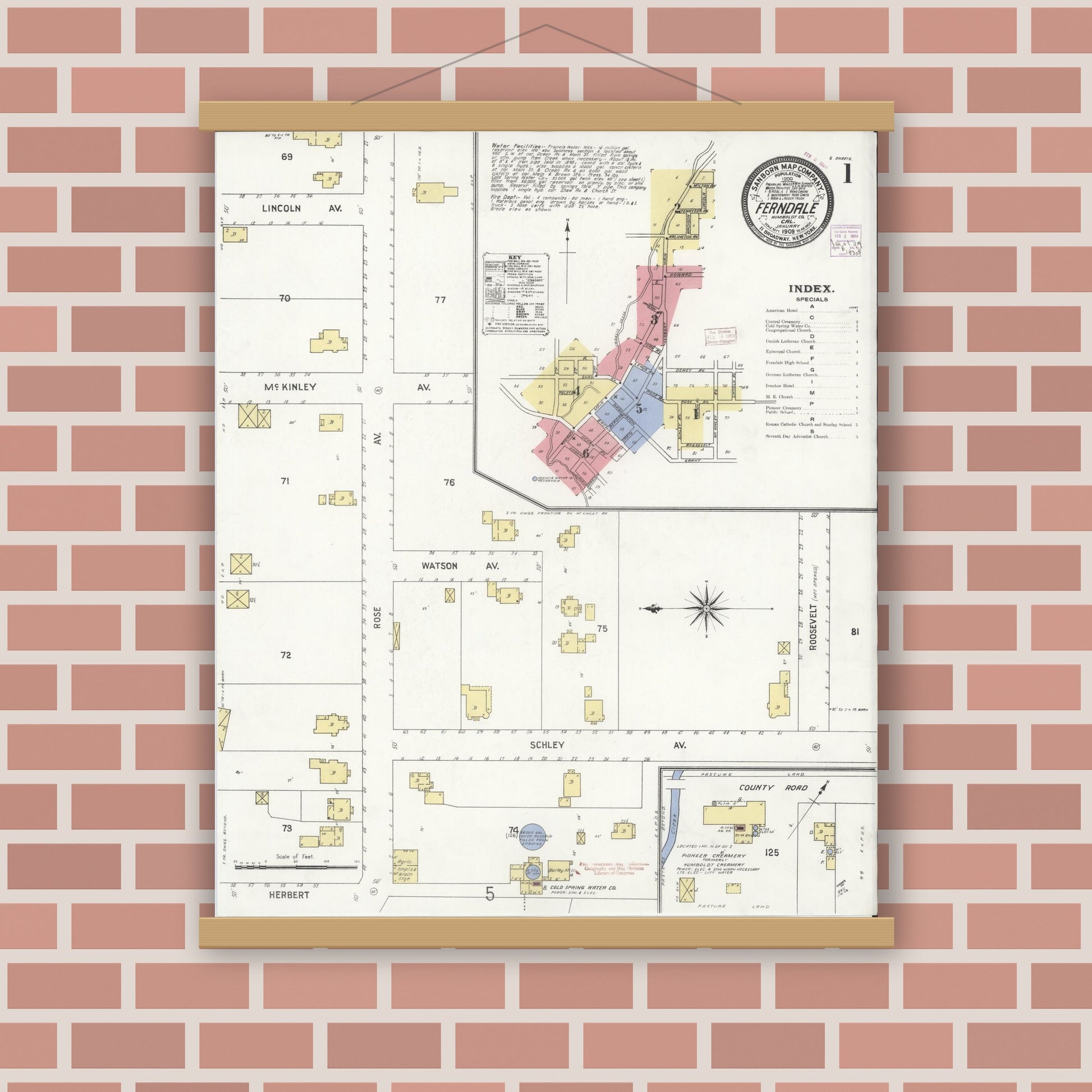 Old map wall art mockup — magnetic wood frame on brick wall — Sanborn Fire Insurance Map from Ferndale, Humboldt County, California (1909) - Complete Map Set