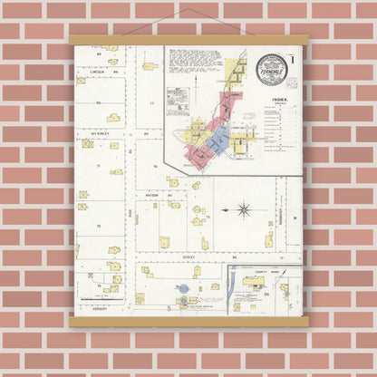 Old map wall art mockup — magnetic wood frame on brick wall — Sanborn Fire Insurance Map from Ferndale, Humboldt County, California (1909) - Complete Map Set