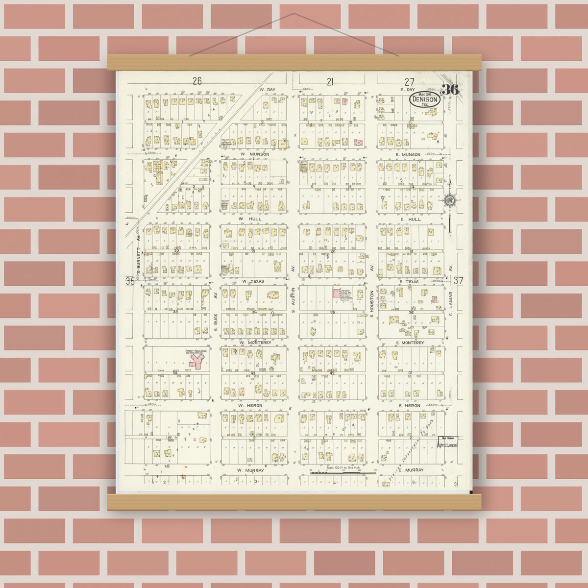 Old map wall art mockup — magnetic wood frame on brick wall — Sanborn Fire Insurance Map from Denison, Grayson County, Texas (1914), Sheet #0036