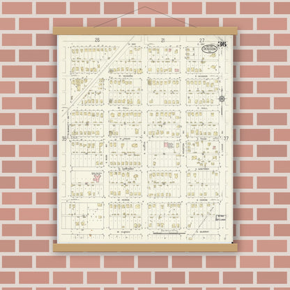 Old map wall art mockup — magnetic wood frame on brick wall — Sanborn Fire Insurance Map from Denison, Grayson County, Texas (1914), Sheet #0036