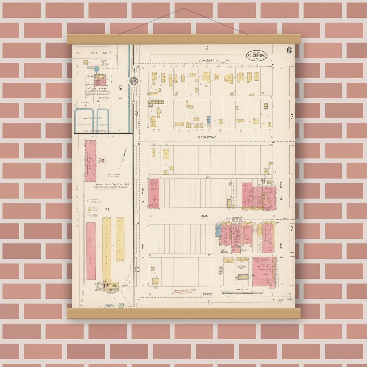 Old map wall art mockup — magnetic wood frame on brick wall — Sanborn Fire Insurance Map from El Centro, Imperial County, California (1914), Sheet #0006