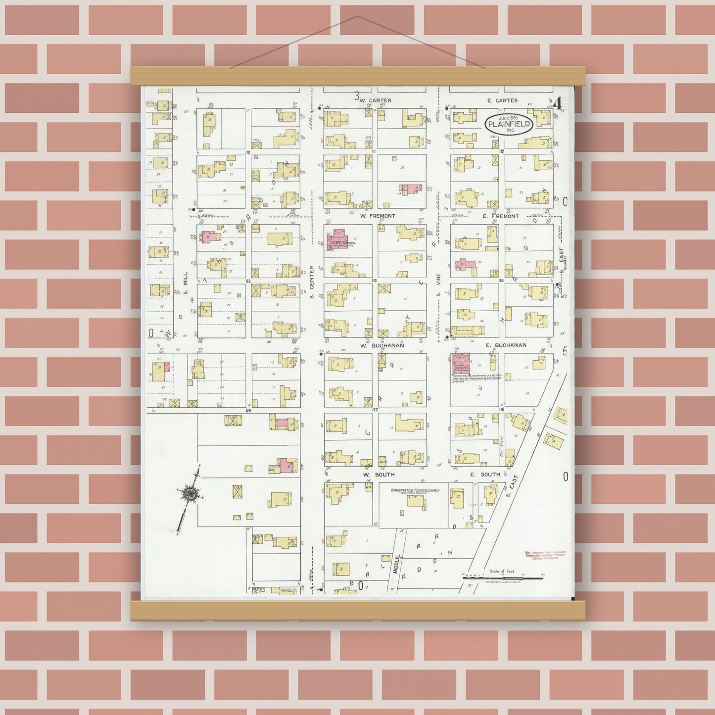 Old map wall art mockup — magnetic wood frame on brick wall — Sanborn Fire Insurance Map from Plainfield, Hendricks County, Indiana (1920), Sheet #0004