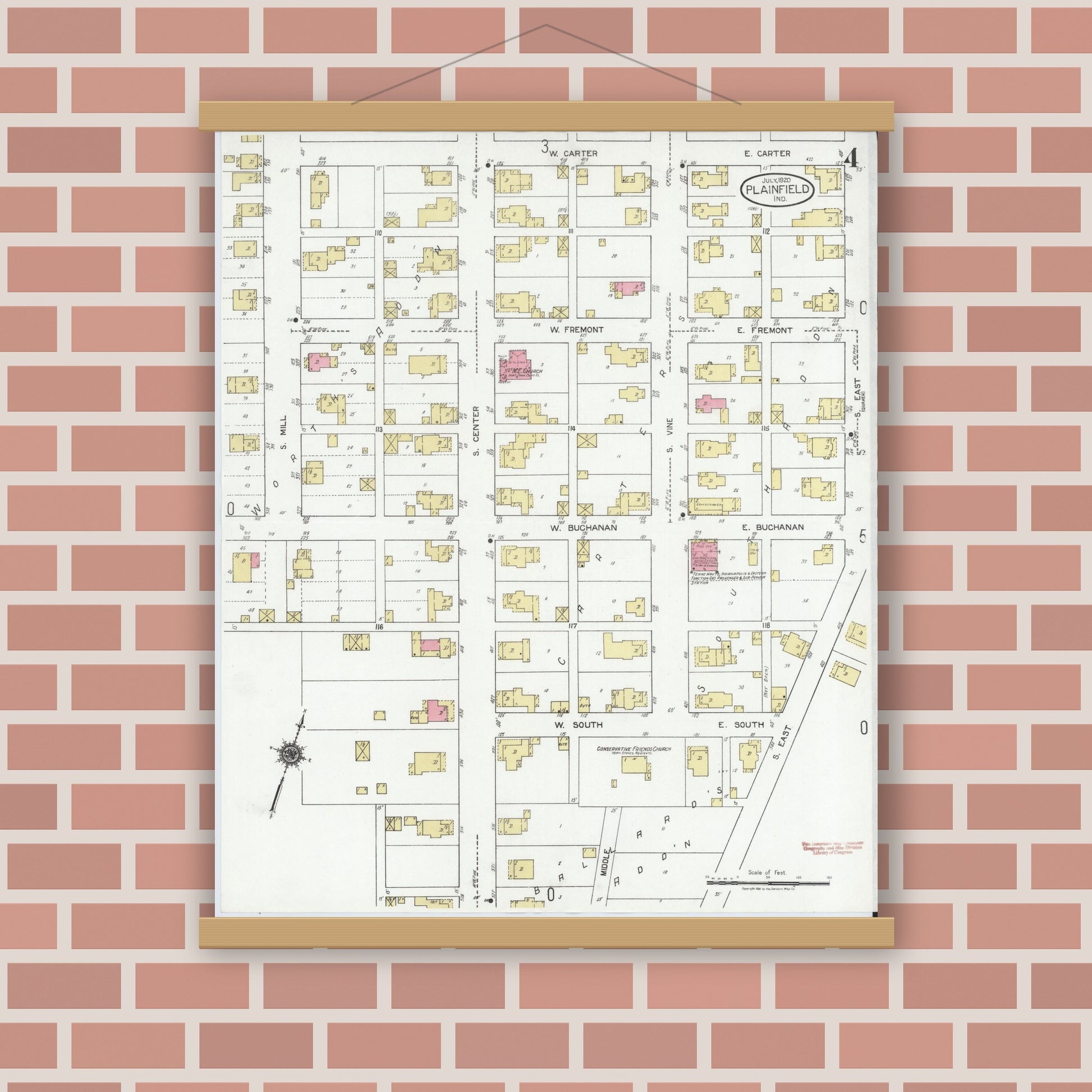 Old map wall art mockup — magnetic wood frame on brick wall — Sanborn Fire Insurance Map from Plainfield, Hendricks County, Indiana (1920), Sheet #0004