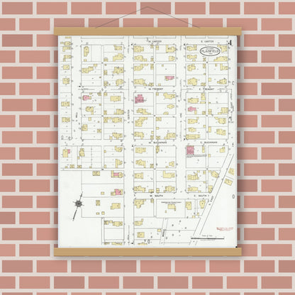 Old map wall art mockup — magnetic wood frame on brick wall — Sanborn Fire Insurance Map from Plainfield, Hendricks County, Indiana (1920), Sheet #0004